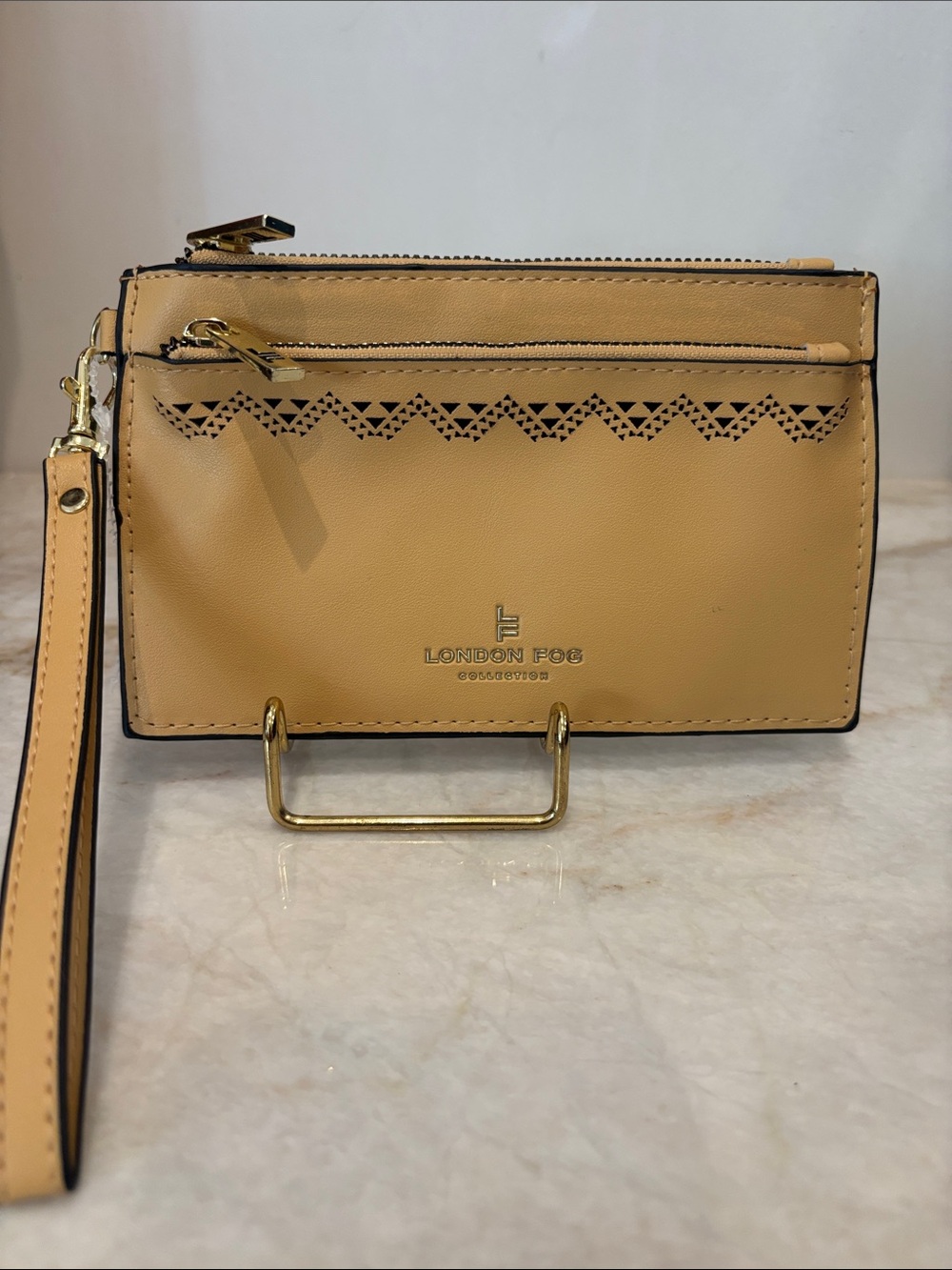 London Fog Tan Laser-Cut Wristlet Clutch